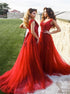 A Line Burgundy V Neck Tulle Appliques Prom Dress LBQ4080