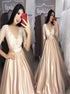 A Line Satin Lace Applique Bateau Half Sleeves Prom Dress LBQ3767