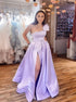 A Line Purple Satin One Shoulder Prom Dress with Slit LBQ4063