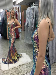 Mermaid Spaghetti Straps Sequins Backless Prom Dresses