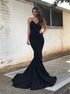 Mermaid Spaghetti Straps Black Stretch Satin Prom Dress LBQ3331