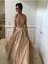 Satin A Line Off the Shoulder Beading Champagne Prom Dress LBQ3914