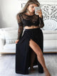 Black Two Pieces Mermaid Scoop Slit Satin Prom Dress With Long Sleeves 