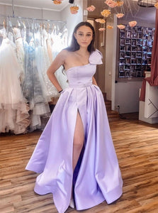 A Line Purple Satin One Shoulder Prom Dress with Slit 