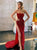 Mermaid Strapless Sequins Red Prom Dress with Slit