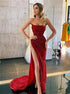Mermaid Strapless Sequins Red Prom Dress with Slit LBQ4043