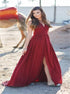 A Line V Neck Tulle Burgundy Prom Dress with Slit LBQ3820