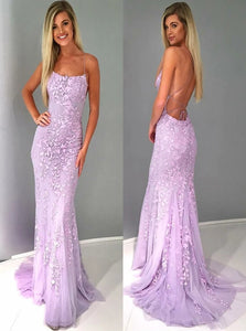 Purple Mermaid Spaghetti Straps Backless Lace Appliques Prom Dresses