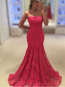 Fuchsia Pink Strapless Lace Mermaid Prom Dresses