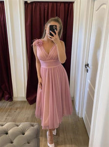 A Line Pink V Neck Tulle Tea Length Prom Dresses