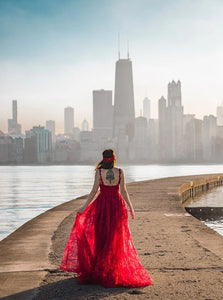 Sweep Train Red Sleeveless Evening Dresses