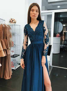 A Line V Neck Long Sleeves Chiffon Appliques Prom Dress with Slit 