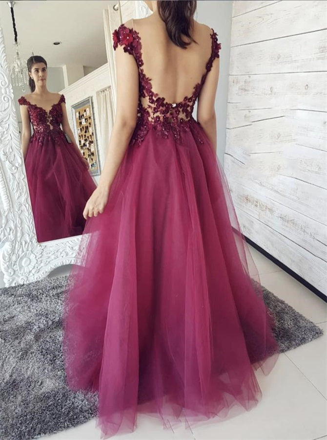 A Line Scoop Appliques Backless Tulle Prom Dresses | Alinepromdress A Line Scoop Appliques Backless Tulle Prom Dresses | Alinepromdress