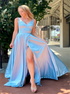 A Line V Neck Satin Open Back Prom Dress with Slit LBQ3864