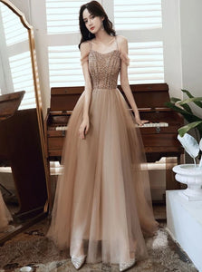 A Line Off the Shoulder Tulle Sequins Lace Up Prom Dresses