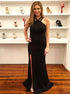 Mermaid Halter Black Satin Criss Cross Prom Dresses with Slit LBQ3853