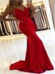 Mermaid Spaghetti Straps Beading Red Satin Backless Prom Dresses