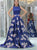 A Line Scoop Royal Blue Satin Floral Backless Prom Dresses