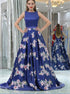 A Line Scoop Royal Blue Satin Floral Backless Prom Dress LBQ3942