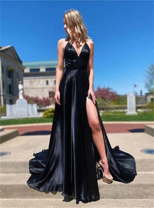 A Line V Neck Black Satin Criss Cross Prom Dress with Slit 