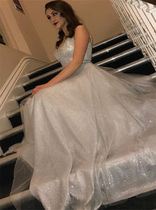 A Line Glitter Silver V Neck Sequins Open Back Prom Dresses