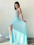 A Line Halter Lace Up Chiffon Appliques Prom Dresses with Slit LBQ4323