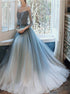 A Line Scoop Beadings Tulle Lace Up Long Sleeves Prom Dress LBQ3723