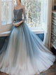 A Line Scoop Beadings Tulle Lace Up Long Sleeves Prom Dresses 