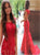 Mermaid Scoop Appliques Red Lace Backless Tulle Prom Dresses