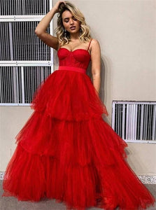 A Line Spaghetti Straps Red Tulle Ruffles Prom Dresses 
