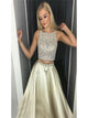 Two Pieces Champagne A Line Satin Rhinestone Prom Dresses
