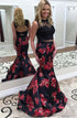 Two Piece Jewel Black Printed Satin Open Back Prom Dress with Appliques LBQ3295