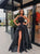 A Line Black Strapless Slit Hand Made Flowers Satin Prom Dresses