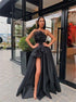 A Line Black Strapless Slit Hand Made Flowers Satin Prom Dress LBQ2441