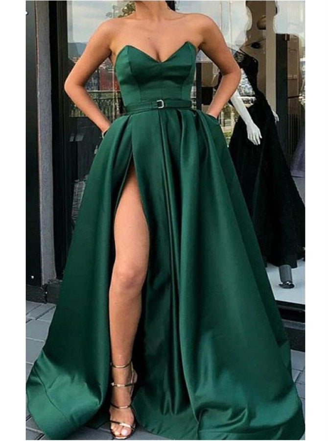 A Line Green Slit Strapless Satin Prom Dresses with Belt | Alinepromdress A Line Green Slit Strapless Satin Prom Dresses with Belt | Alinepromdress