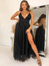 A Line Halter V Neck Tulle Criss Cross Tulle Prom Dress with Slit LBQ3610