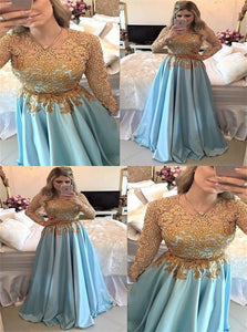 A Line Scoop Appliques Long Sleeves Satin Prom Dresses