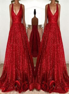 A Line V Neck Red Sequins Backless Prom Dresses with Pockets