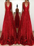 A Line V Neck Red Sequins Backless Prom Dress with Pockets LBQ3978