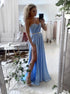 A Line Sweetheart Chiffon Blue Prom Dress with Slit LBQ4098