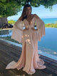 A Line Spaghetti Straps Pink Chiffon Half Sleeves Prom Dress