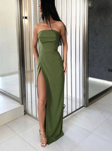 Mermaid Strapless Olive Green Split Satin Prom Dresses