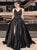 A Line Black Spaghetti Straps Satin Prom Dress with Slit