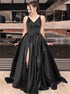A Line Black Spaghetti Straps Satin Prom Dress with Slit LBQ3497