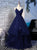 A Line Beautiful Navy Blue Tulle V Neckline Ruffles Prom Dress