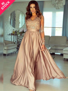 A Line V Neck Long Sleeves Split Satin Prom Dress with Appliques