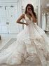 A Line V Neck Tulle Appliques Ruffles Prom Dress LBQ4179