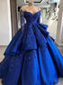 Ball Gown Off the Shoulder Ruffles Satin Long Sleeves Appliques Prom Dress LBQ3477