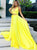 A Line Two Piece V Neck Yellow Satin Prom Dresses