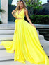 A Line Two Piece V Neck Yellow Satin Prom Dress with Split LBQ3788